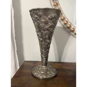 Antique Art Nouveau Cast Spelter Floral Trumpet Vase 10" Embossed Metal Unmarked